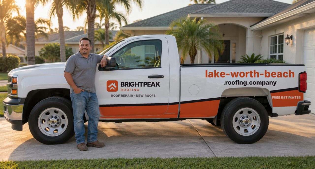 lake-worth-beach.roofing.company painted on the side of a white work truck