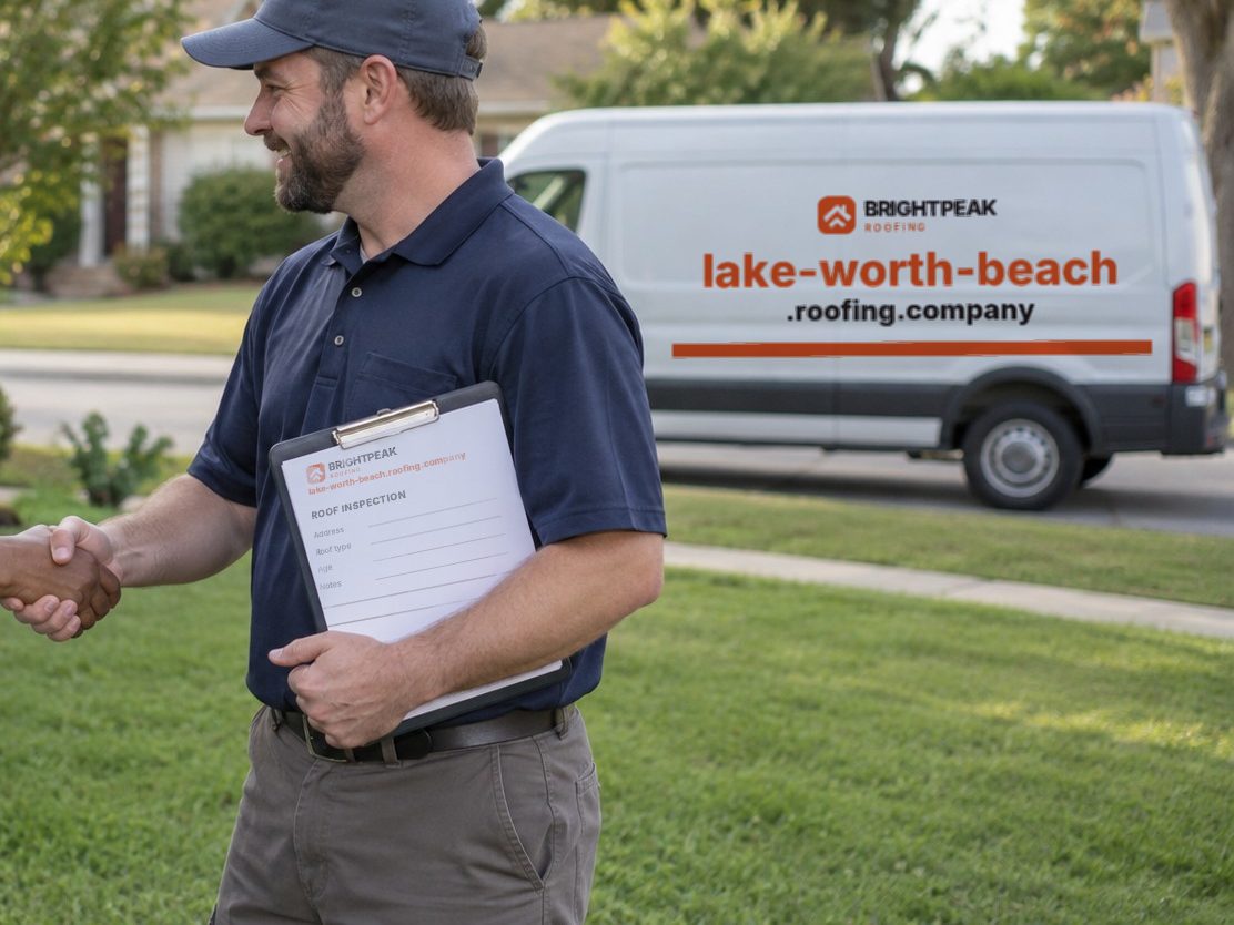 lake-worth-beach.roofing.company on a roofing van and an inspection form